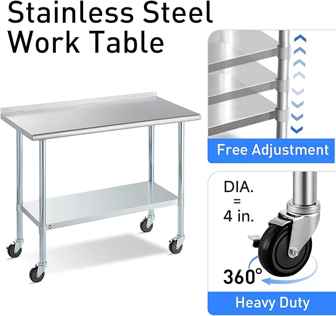 ROCKPOINT Stainless Steel Table for Prep & Work with Backsplash and Caster 30x48 Inches, NSF Metal Commercial Kitchen Table with Adjustable Under Shelf and Table Foot for Restaurant, Home and Hotel