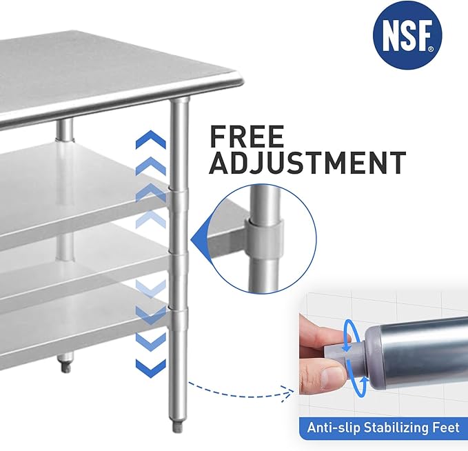 ROCKPOINT Stainless Steel Table for Prep & Work 30x60 Inches, NSF Metal Commercial Kitchen Heavy Duty Table with Adjustable Under Shelf and Table Foot for Restaurant, Home and Hotel