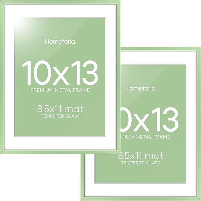 Homeforia 10x13 Picture Frame Sage Green, High End Metal 10x13 Wall Hanging Frame with Mat 8.5x11, 10 x 13 Poster Frames Matted to 8.5 x 11 inch Photo, 10by13 Frame, Tempered Glass, Wall Kit, Set of 2