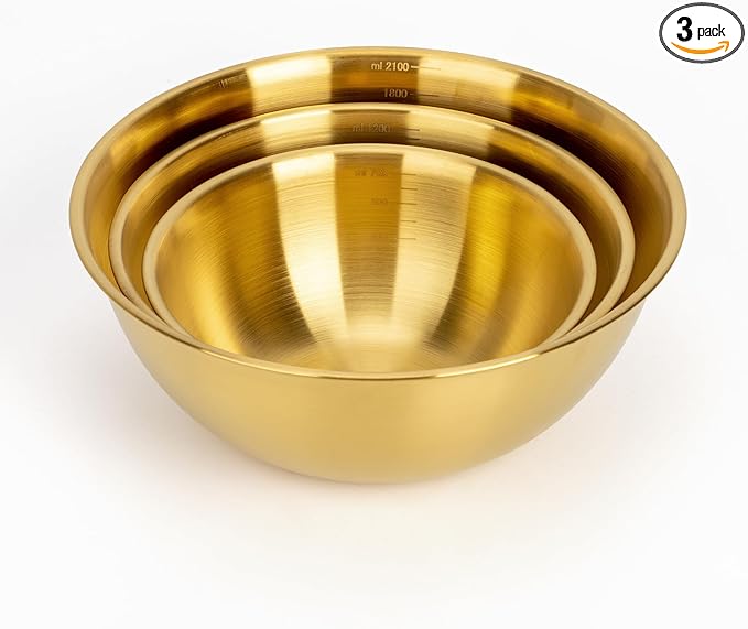 3-Set Stainless Steel Golden Mixing Bowls Set (8.26"+7.1"+6.3"), Metal Bowl with Measurement Marks, Dishwasher Safe & Stackable - Perfect for Baking, Salad Making, Meal Prep and Kitchen Use