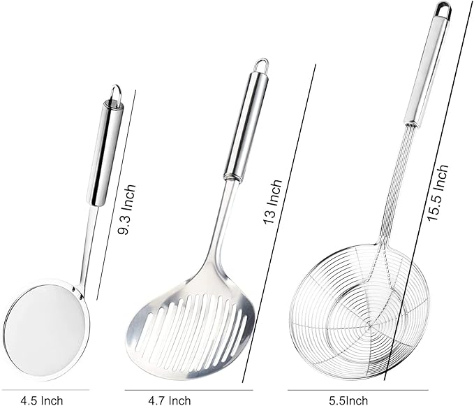Tenta tenta kitchen Solid Stainless Steel Spider Strainer Skimmer Ladle for Cooking and Frying, Kitchen Utensils Wire Strainer Pasta Strainer Spoon Hot Pot Fat Skimmer Spoon Set of 3