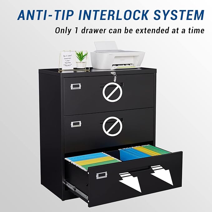 Lateral File Cabinet with Lock, 3 Drawer Large Metal Filing Cabinet,Home Office Lockable Storage Cabinet for Hanging Files Letter/Legal/F4/A4 Size-Assembly Required