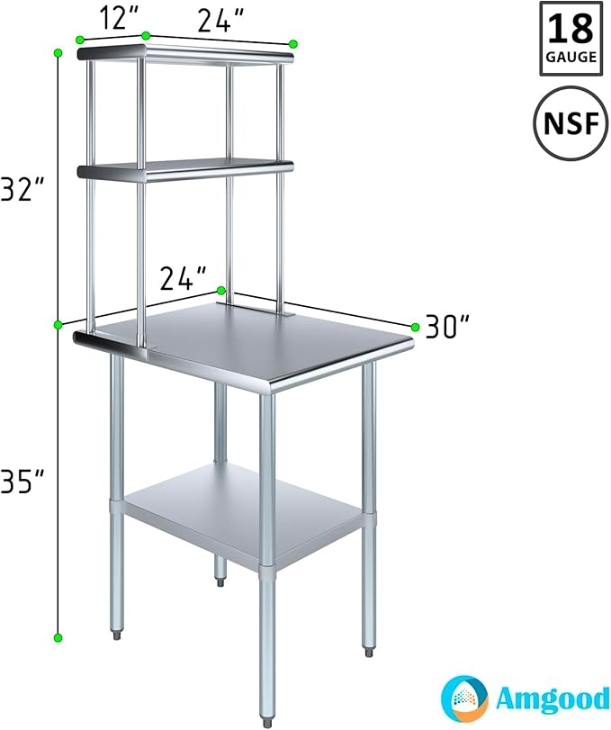 Amgood Stainless Steel Work Table Double Tier Overshelf | Metal Kitchen Prep Table & Shelving Combo (30" x 24" Work Table + 12" Overshelf)