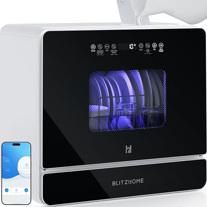 BLITZHOME WiFi Countertop Portable Dishwasher, Smart 9 Programs, 167℉ High-Temp, 360° 3Spray, 24H Timing, Hot Air Drying, Air Refresh, Baby-Care, LED Light, 5.2L Built-in Water Tank for Apartments RVs