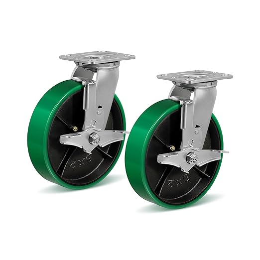 8 Inch Caster Wheels, Heavy Duty Caster with Strong Load-Bearing, Polyurethane Wheel on Steel Hub, Supports 1500 lbs Each(2 Pack Brake)