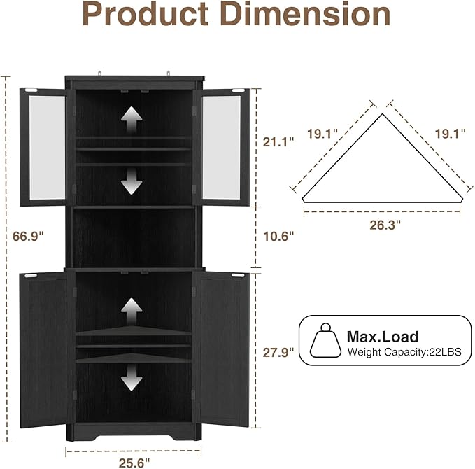 67''H Black Tall Farmhouse Corner Storage Cabinet with 4 Tempered Glass Doors and Barn Doors, Narrow Bathroom Cabinet with 5 Adjustable Shelves, Corner Hutch for Kitchen, Dining Living Room