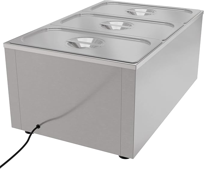 KoolMore Commercial Bain Marie Countertop Food Warmer, Soup Station, and Buffet Table Server with Three Serving Section and Tap, Stainless-Steel Steamer with Auto Shut Off (CFW-3T), Silver