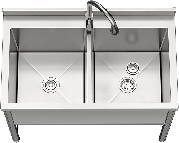35" Stainless Steel Commercial Sink 2 Bowl Freestanding Kitchen Sink with Pull-out Faucet, Large Utility Sink for Kitchen, Dishwashing, Thawing, Laundry Room, Garage, Outdoor, Total Capacity 36 Gallon