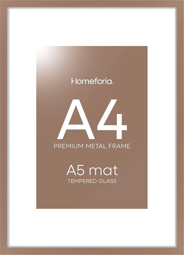 Homeforia A4 Picture Frame Mocha, High End Metal 8.3 x 11.7 Frames for Wall, A4 Photo Frame with Mat for A5 inch Print, 8.25 by 11.75 Mocha Poster Frames, 8.3x11.7 Frame with Glass, Wall Kit, Set of 1
