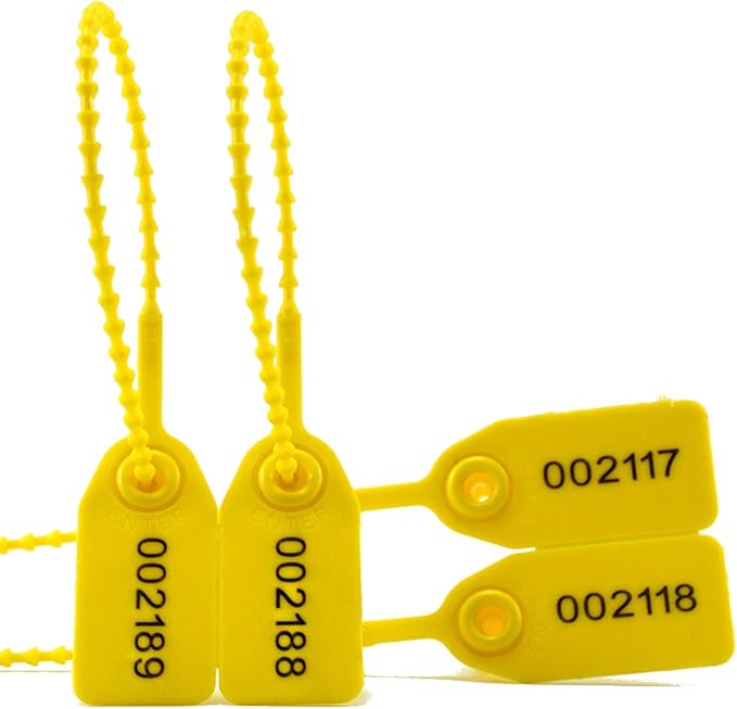 100 Plastic Tamper Seals, Zip Ties for Fire Extinguishers Pull Tite Security Tags Numbered Disposable Self-Locking Tie 250mm Length (Yellow)