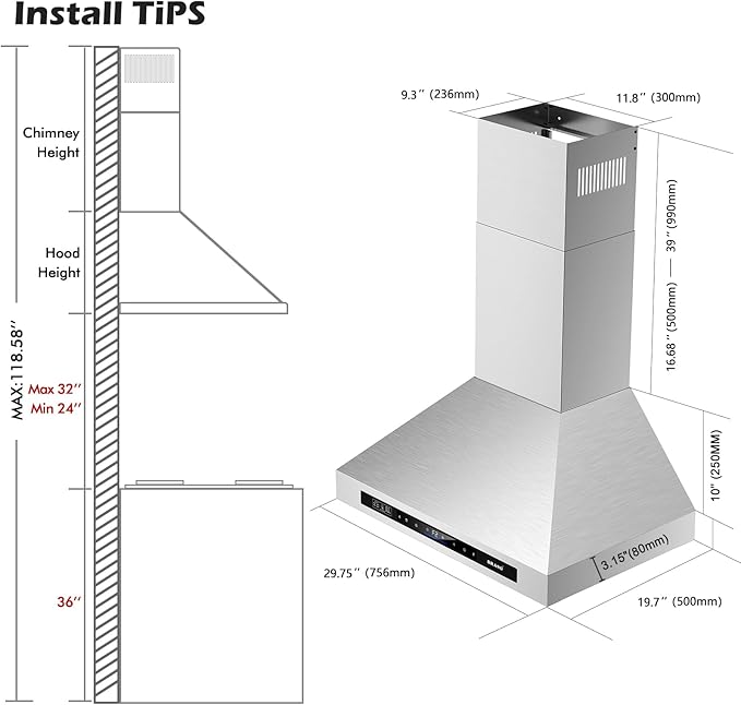 Wall Mount Range Hood 30 inch，900 CFM Kitchen Hood with Voice/Gesture/Touch Control，Vent Hood in Stainless Steel With Ducted/Ductless Convertible, 4 Speed Exhaust Fan