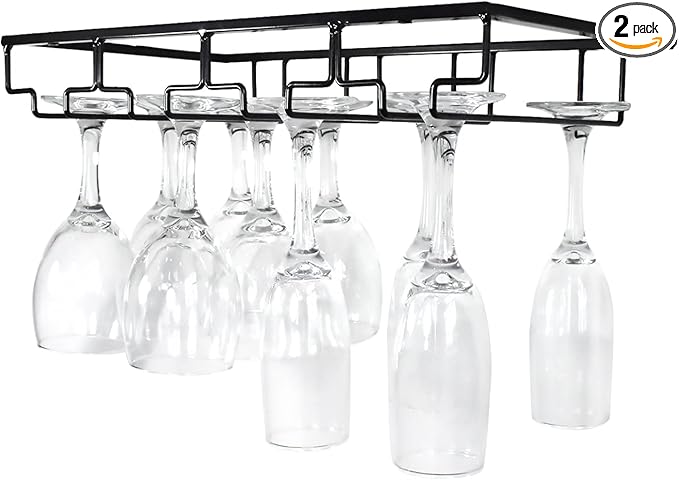 4 Rows Wine Glass Rack Under Cabinet Hanging Stemware Wine Glass Holder Under Shelf, 2 Packs Wire Wine Glasses Racks Hanger for Bar, Kitchen