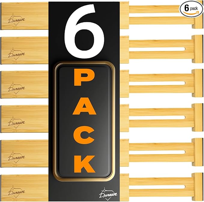 Adjustable Bamboo Drawer Dividers Organizers Expandable (12-16") Kitchen Drawer Organizer Spring Loaded for Kitchen, Dresser, Bathroom, Bedroom, Desk 6-pack Small
