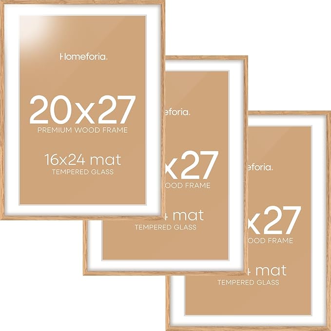Homeforia 20x27 Picture Frame Natural Wood, High End Oak 20x27 Light Wooden Poster Frame with Mat 16x24, 20 x 27 Frames Matted to 16 x 24 Photo, 27x20 Hanging Frame, Tempered Glass, Wall Kit, Set of 3