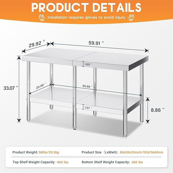 Jocisland 30" x 60" Stainless Steel Table for Prep & Work Adjustable Under Shelf and Feet, for Commercial Kitchen, Restaurant, Hotel and Garage