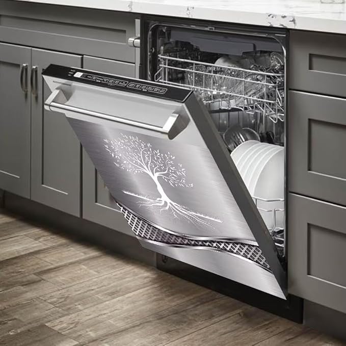Stainless Steel Design Tree Pattern Kitchen Decorative Dishwasher Cover Magnet Sticker,Fridge Panel Door,Refrigerator Decal Home Decor 23x26inch