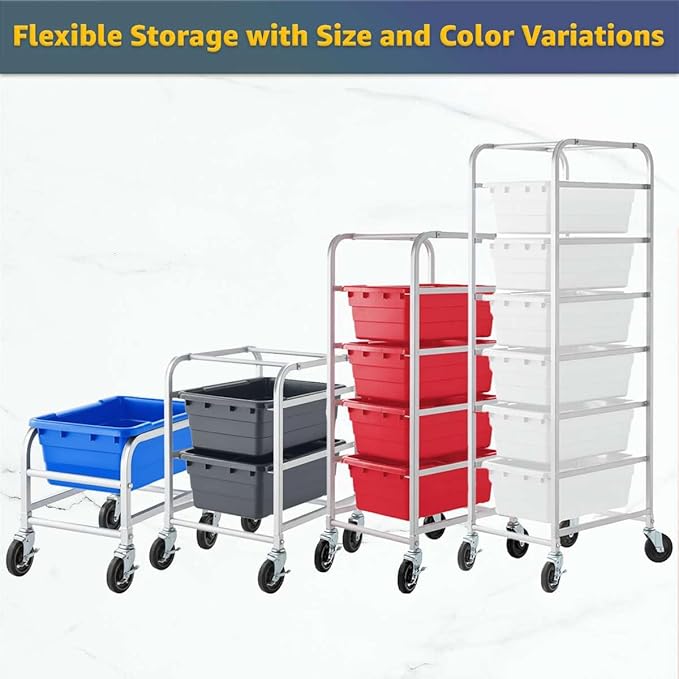 19"x26"x69" Mobile Aluminum Lug Rack with 6 White Meat Lugs/Tote Boxes - NSF Heavy-Duty Commercial Portable Storage Cart with 5" Casters, 400 lb., Food Prep and Dishroom Durable Utility Rack