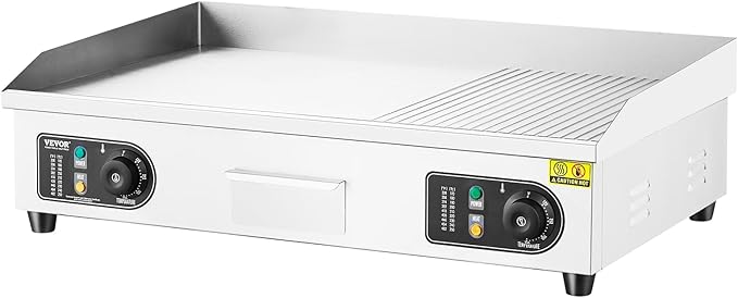 VEVOR Upgraded Commercial Electric Griddle, 2800W Countertop Half-Flat Top Grill, 122℉-572℉ Adjustable Temp, 29'' Stainless Steel Griddle Grill for Home or Restaurant(No Plug)