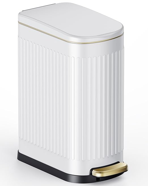 CEROELDA White Bathroom Trash Can with Lid-10L/2.6 Gallon Stainless Steel Step Slim Garbage Can-Rectangle Pedal Trash Bin for Narrow Office, Kitchen, Bedroom, Toilet-Soft Close (B-White/2.6 Gallon)