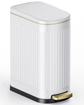 CEROELDA White Bathroom Trash Can with Lid-10L/2.6 Gallon Stainless Steel Step Slim Garbage Can-Rectangle Pedal Trash Bin for Narrow Office, Kitchen, Bedroom, Toilet-Soft Close (B-White/2.6 Gallon)