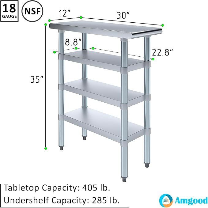 30 in. x 12 in. Stainless Steel Work Table with Three Bottom Shelves | NSF Kitchen Prep Table | Utitly Metal Table