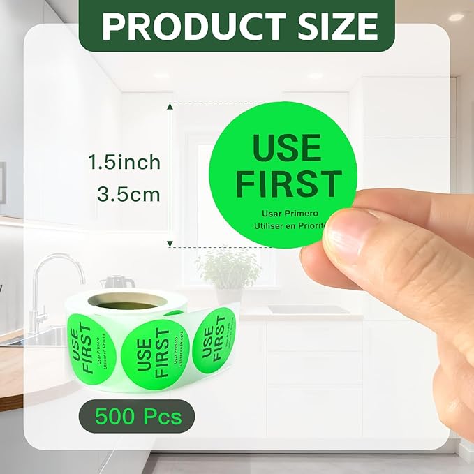 500 Pcs 1.5 Inch Use First Stickers Food Service Roll, Risepekt Green FIFO Label for Restaurant Inventory Control Management, Permanent Super Adhesive Food Circle Dot Labels, Trilingual Product Labels