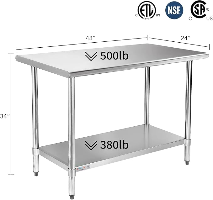 STABLEINK NSF Stainless Steel Prep Table 48 x 24 Inches Metal Work Table with Adjustable Undershelf for Commercial Kitchen, Restaurant, Hotel and Garage