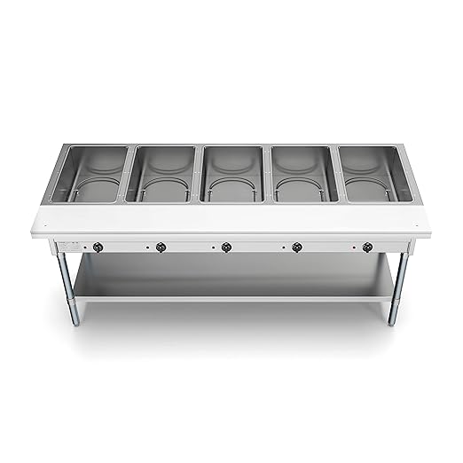 KoolMore 5-Pan Open Well Commercial Electric Stainless Steel Steam Table Food Warmer for Buffets with Undershelf, Warming Control Knobs, and Front Serving Area [240V] (KM-OWS-5), Silver
