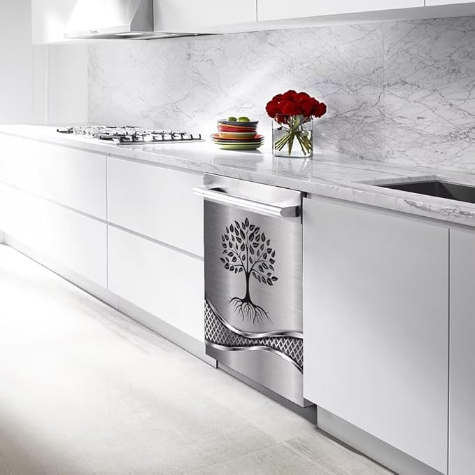 Imitation Stainless Steel Design Tree Pattern Magnetic Dishwasher Cover Sticker,Kitchen Decor Magnet Cabinet Fridge Panel Decal Sticker 23W x 26H inchs