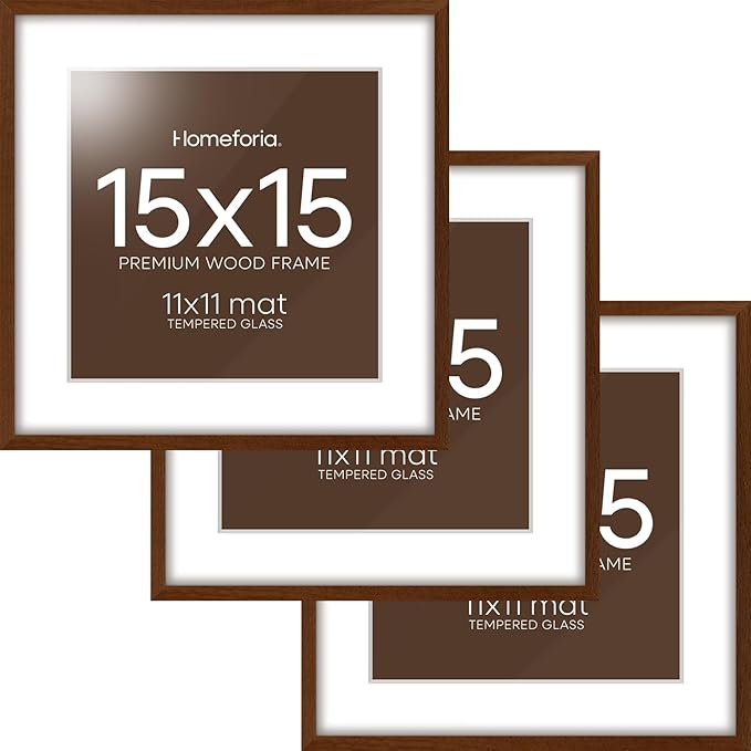 Homeforia 15x15 Picture Frame Brown, High End Dark Oak 15 x 15 Square Wood Frame with Mat 11 x 11 for Photo, 15by15 Wooden Walnut Poster Frame Matted to 11x11 Print, Tempered Glass, Wall Kit, Set of 3