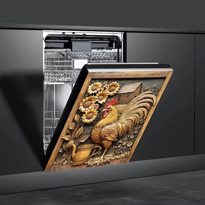 Vintage Wooden Sunflowers Magnetic Dishwasher Cover Vinyl Sticker, Rustic Wood Rooster Dishwasher Magnet Cover, Farm Fridge Barn Door Cover Magnets Art Skin Panel Decal for Home Decor, 23"X26"