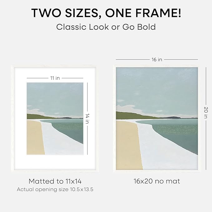 Homeforia 16x20 White Picture Frame, High End Oak 16x20 White Wood Frame with Mat 11x14 Photo, 16 x 20 Wooden Poster Frames Matted to 11 by 14, 20x16 Hanging Frames, Tempered Glass, Wall Kit, Set of 3