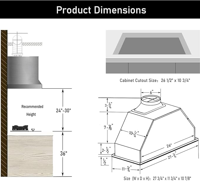 MCBON Range Hood Insert 30 inch, 600 CFM Vent Hood Insert, Ultra-quiet Range Hood Insert, Built In Kitchen Hood, Insert Range Hood, Stainless Steel range hood, IE71-30