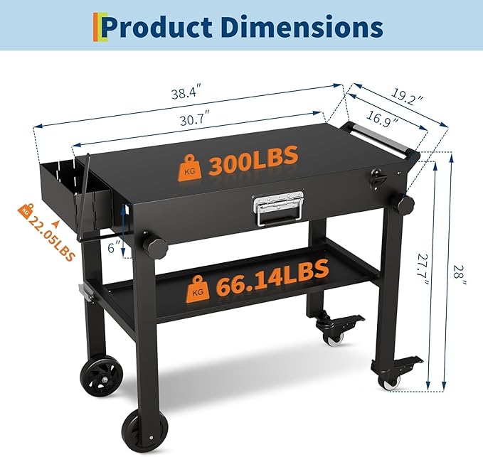 Portable Outdoor Grill Stand, Foldable Griddle Cart Table with Wheels, Pizza Oven Table Stand, Rolling Kitchen Work Table for BBQ Grilling, Food Trailer, Patio and Outdoor Cooking