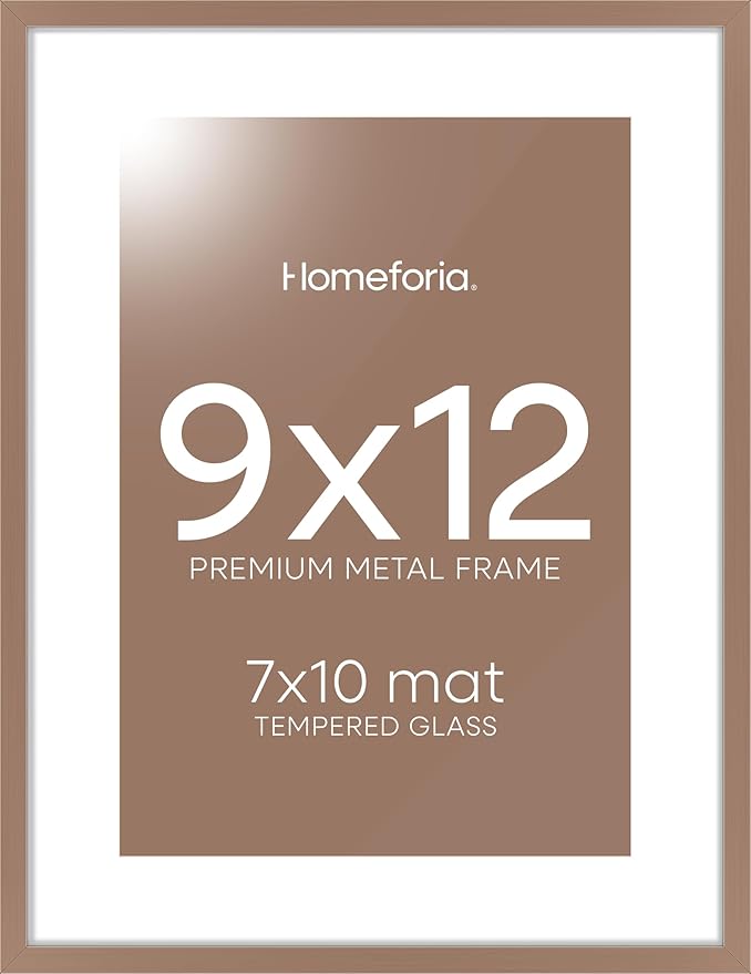 Homeforia 9x12 Picture Frame Mocha, High End Metal 9 x 12 Poster Frames with Mat 7 by 10 inch Photo, 9by12 Frame Matted to 7x10 in Art, 12x9 Wall or Tabletop Frames, Tempered Glass, Wall Kit, Set of 1