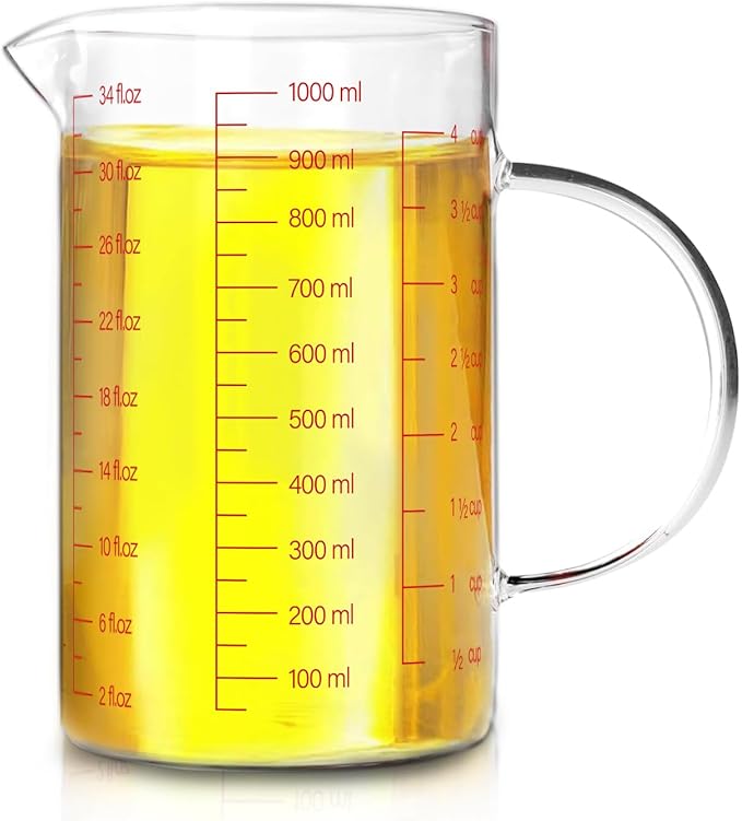 WhiteRhino 4Cup/1000ML Glass Liquid Measuring Cup With Handle,High Borosilicate Glass Three Scales (OZ, Cup, ML/CC) for Kitchen or Restaurant, V-Shaped Spout Glass Measuring Beaker,Easy To Read(34oz)