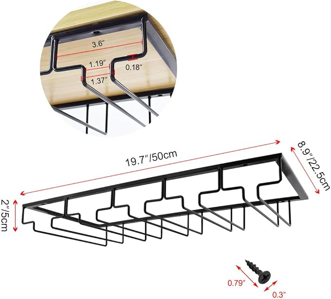 MOCOUM Wine Glasses Rack Under Cabinet Stemware Rack, Glass Hanger Rack Wire Glass Holder Storage Hanger for Cabinet Kitchen Bar (Black, 5 Rows 1 Pack)