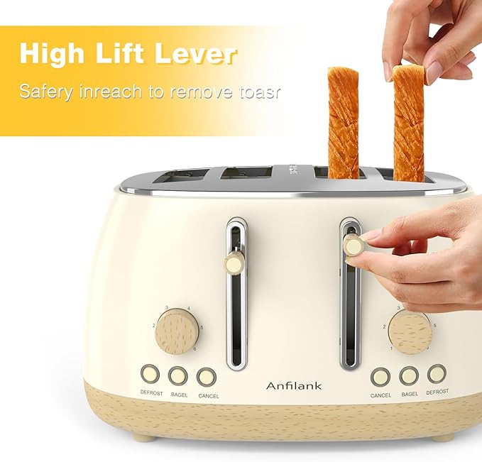 Toaster 4 Slice,Retro Stainless Steel Toaster with Extra Wide Slots Cancel, Bagel, Defrost Function, Dual Independent Control Panel, Removable Crumb Tray and High Lift Lever (Beige)