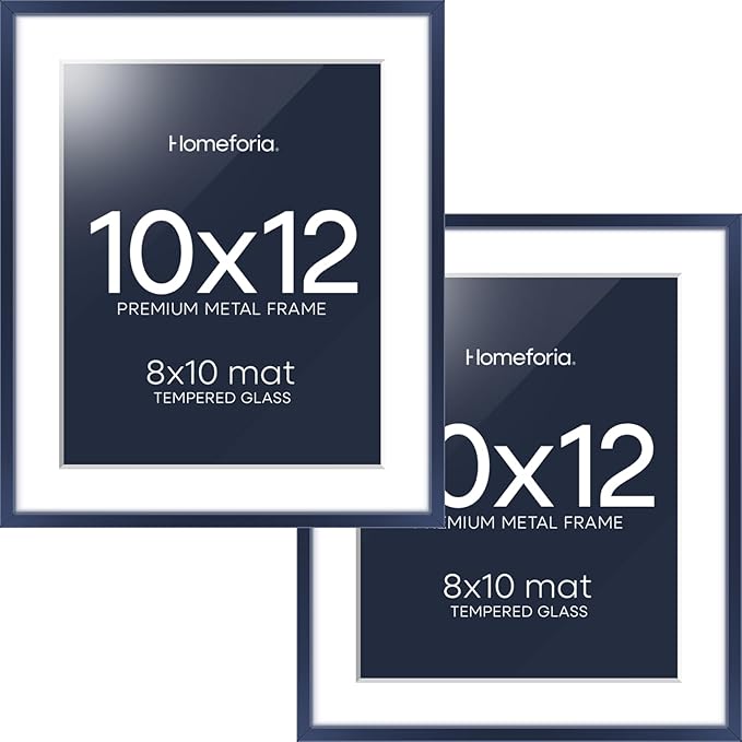 Homeforia 10x12 Picture Frame Navy Blue, High End Metal 10x12 Wall Hanging Frame with Mat 8x10, 10 x 12 Poster Frame Matted to 8 x 10 inch Photo, 10by12 Thin Frames, Tempered Glass, Wall Kit, Set of 2