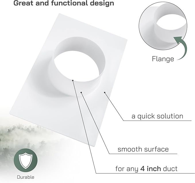 Vent Systems 4" Inch White Duct Connector Flange – 2 Pack – Plastic Straight Ventilation Plate Adapter – Heavy-Duty HVAC Dryer Vent Connector for Wall Mounting – Indoor & Outdoor Installation