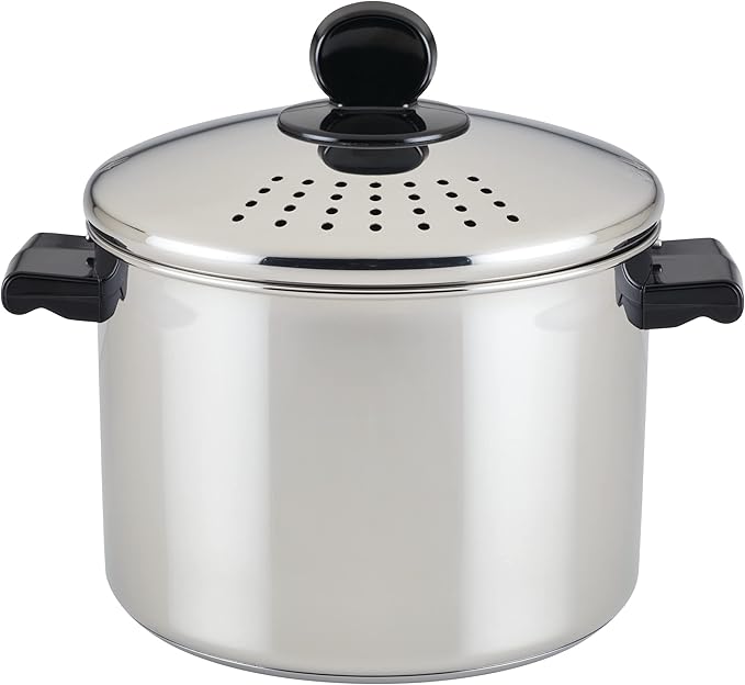 Farberware 70755 Classic Series Stainless Steel 8-Quart Covered Straining Stockpot with Lid, Stainless Steel Pot with Lid, Silver