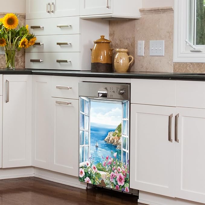 Dishwasher Magnet Cover Flower Ocean Beautiful Dishwasher Decorative Cover Front Dishwasher Door Cover Reuseable Dishwasher Cover Panel Decal for Kitchen Refrigerator Home Appliances 23" X 26"