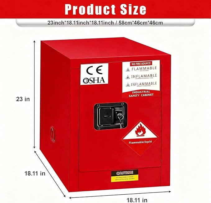 Red Flammable Storage Cabinet 16 Gallon, 18" x 18" x 23" All-Welded Steel Hazardous Cabinet, Adjustable Shelf & Manual Doors for Commercial Use, Warehouses, Lab & Industrial