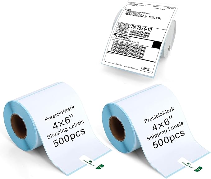 1000 Labels 2 Rolls 4"×6" Direct Thermal Shipping Labels, Perforated and Strong Adhesive, Commercial Grade, Compatible with Zebra, Rollo, Jadens, Nelko, and Other Thermal Printers