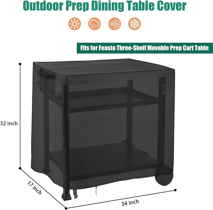 Outdoor Dining Cart Cover for Feasto 34 Inch Three-Shelf Movable Food Prep and Work Cart Table,Waterproof Outdoor Grill Cart Pizza Oven Table Cover - 34 X 17 X 32 Inch