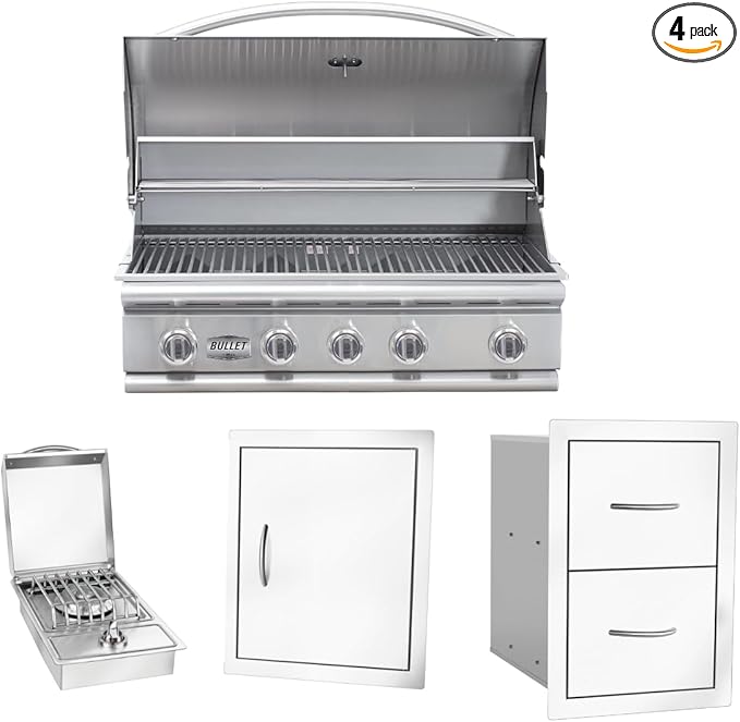 Bullet by Bull Stainless Steel Outdoor Kitchen Grill Set - Built-In Liquid Propane -BBQ Kitchen Island Bundle - Includes 5 Burner Grill, Side Burner, Single Access Door & Double Storage Drawer