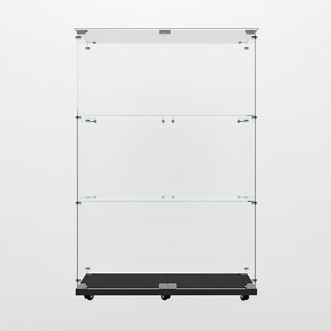 Glass Display Cabinet with LED Light Strip, 3 Shelves with 2 Doors, Glass Top Curio Storage Cabinets with Lock & Caster for Living Room,Floor Standing Bookshelf, Quick Installation - Black