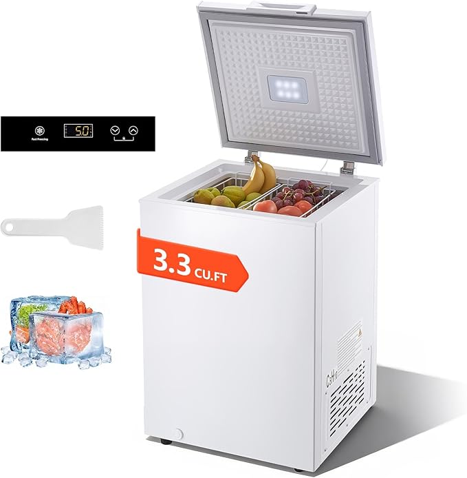 VEVOR Chest Freezer, 3.3 Cu.ft Compact Deep Freezer, Free Standing Top Open Door Chest Freezers with 2 Removable Baskets & Adjustable Thermostat - Energy Saving, Low Noise & Garage Ready, White