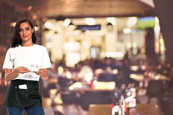 NOBONDO 12 Pack Waitress Aprons with 3 Pockets - White Waist Aprons for Women Men Commercial Waiter Half Apron with Extra Long Straps Reinforced Seams for Restaurant Server Work