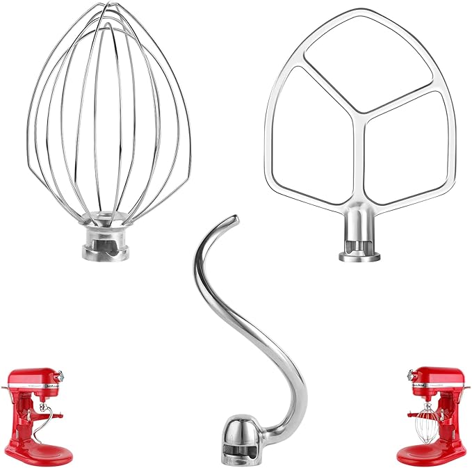 Stainless Steel 3 Piece kit Attachments，Dough Hook 6 Wire Whisk Flat Beater Compatible with KitchenAid 5Plus -6QT Mixer，Bowl Lift Stand Mixer Accessory，Rust Resistant，Dishwasher Safe